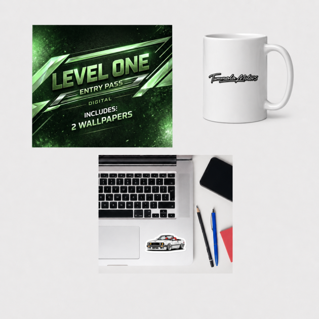 Level One Entry Pass + Tummala Motors Signature Mug & BMW E30 Die-Cut Sticker Bundle