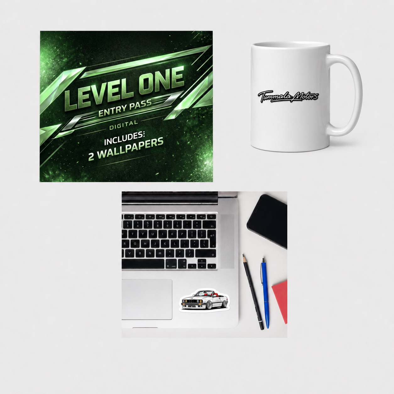 Level One Entry Pass + Tummala Motors Signature Mug & BMW E30 Die-Cut Sticker Bundle
